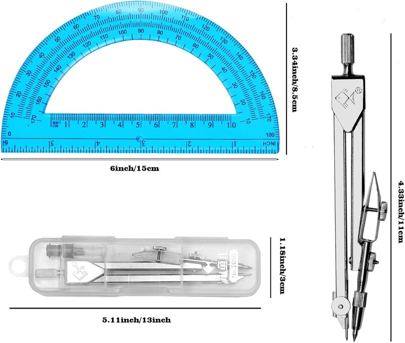 Tdfronien Students Geometry Math Set, Drawing Compass and 6 Inch Transparent Swing arm Protractor 180 Degree Math Protractor (Blue) - Image 2